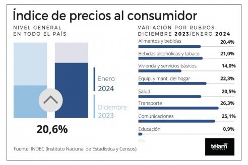 Indec informó que la inflación de enero fue del 20,6%, con bienes y servicios en punta, que llegaron al 44%