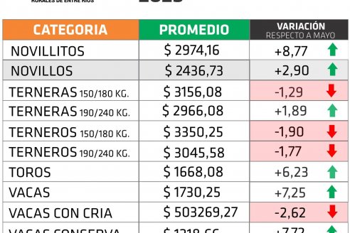 Valores en positivo para la hacienda en pie de Entre Ríos durante junio